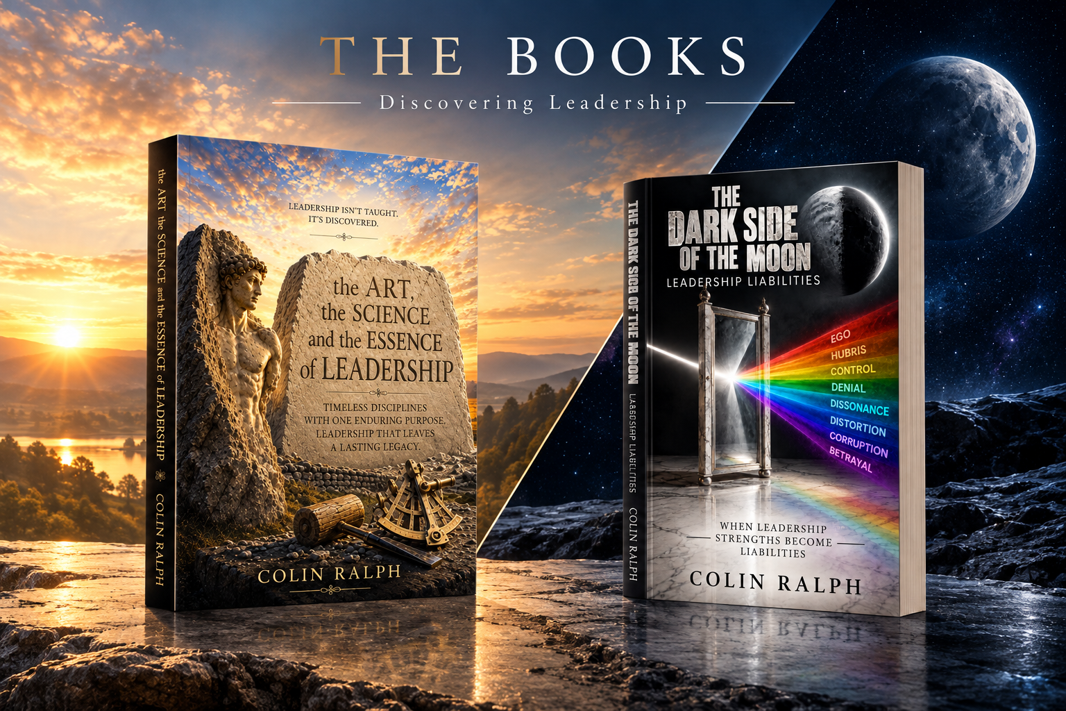 The Books — two three-dimensional paperback books by Colin Ralph, with the first book presented against dawn light and the second against a starry night, reflecting the light and dark themes of Discovering Leadership.