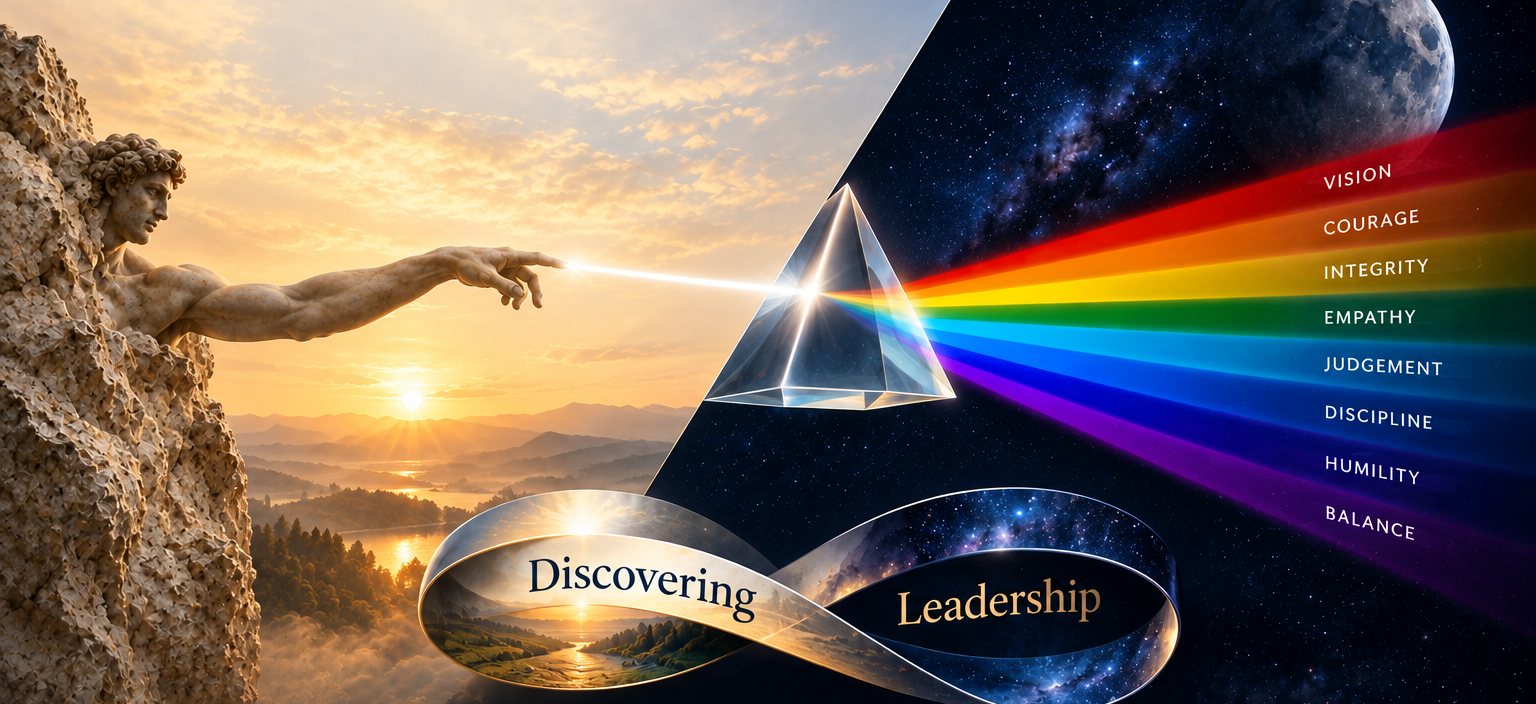 A dawn landscape and starry night divided diagonally: a David-like figure reaches toward a glass prism that disperses a beam of light into a rainbow labelled Vision, Courage, Integrity, Empathy, Judgement, Discipline, Humility and Balance, above a Möbius strip reading Discovering Leadership.